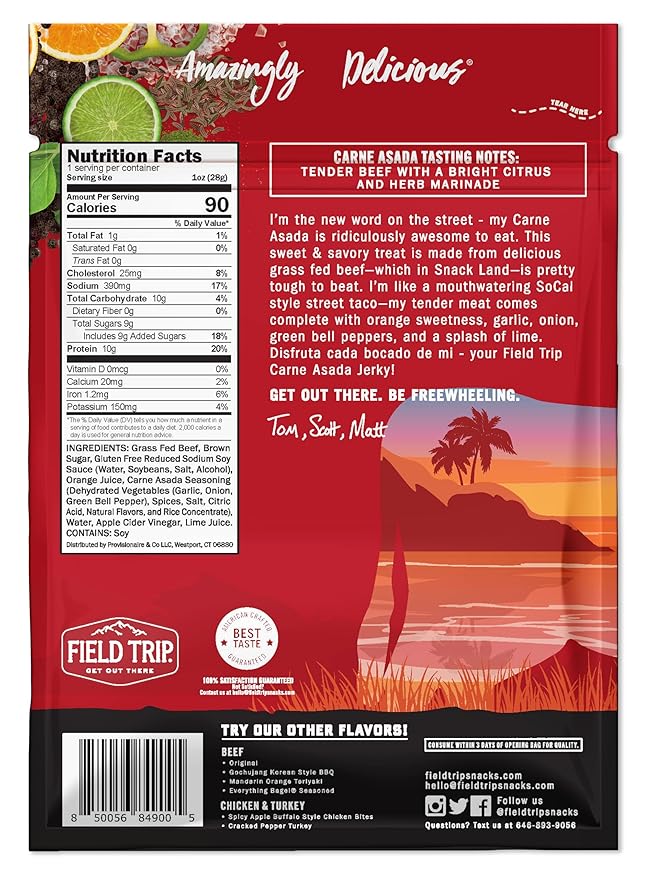 Field Trip Grass Fed Beef Jerky, Healthy Gluten Free Snacks, All Natural, Paleo-Friendly Beef Jerky, High Protein, Low Carb Snack with No Nitrates, 1oz Bag, 12 Pack, Carne Asada