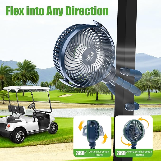 10L0L Golf Cart Fan - Universal Mount, 8000mAh Battery, 3-Speed Fan, LED Light, 56-Hour Runtime, Reverse Charging Function for Yamaha EZGO Club Car Golf Cart, Blue