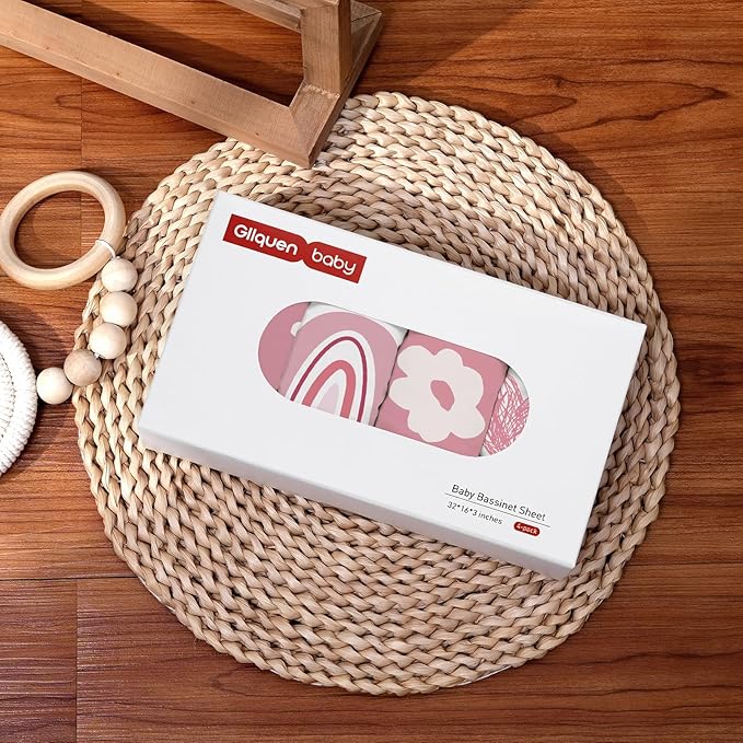 Gllquen Baby Bassinet Sheets 4 Pack, Breathable Cozy Fitted Mattress Sheet, Elastic Travel Crib Fashionable Floral Pattern, Standard Cradle Safe Sheets for Baby Boys Girls 32"x16"(Love)