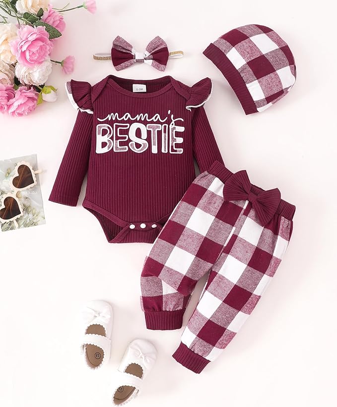 SUNNY PIGGY Baby Girl Clothes Newborn Outfits Infant Ruffle Romper 0-18M Fall Winter Flower Plaid Pants Clothing Set