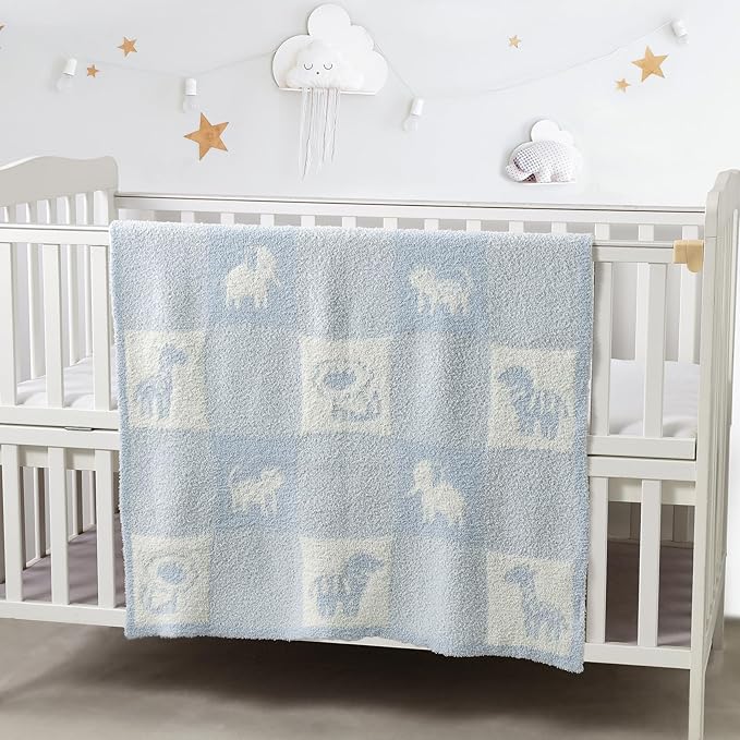 CREVENT 30"X40" Cozy Soft Warm Knitted Baby Blanket for Girls Boys, Newborn Essentials for Infant, Baby Shower Receiving Gift - Animal Blue 75X100cm