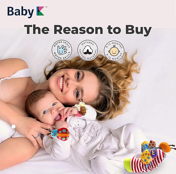 BABY K Baby Rattle Socks for Girls & Boys (Set B) - Baby Toys 6-12 Months - Baby Wrist Rattles and Foot Rattles - Baby Toys for Newborns As Gift - Easy to Wear Baby Rattle Toys