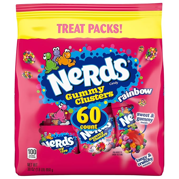 NERDS Gummy Clusters, Candy Treat Packs, Rainbow, Crunchy and Gummy, 30 oz (60 ct)