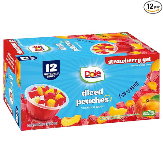 Dole Fruit Bowls Peaches in Strawberry Flavored Gel Snacks, 4.3oz 12 Total Cups, Gluten & Dairy Free, Bulk Lunch Snacks for Kids & Adults
