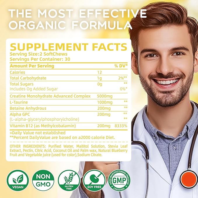 Creatine Monohydrate Chews Complex 6400mg for Men & Women -Advanced Formula W/L-Taurine + Vitamin B12, Sugar Free Chewable Supplement,60 Pineapple Softchews