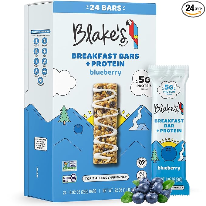 Blake's Seed Based Breakfast Bars with Protein — Blueberry (24 Count), 5g Clean Plant-Based Protein, Gluten Free, Nut Free, Dairy Free & Vegan, Healthy Snacks for Kids or Adults, School Safe