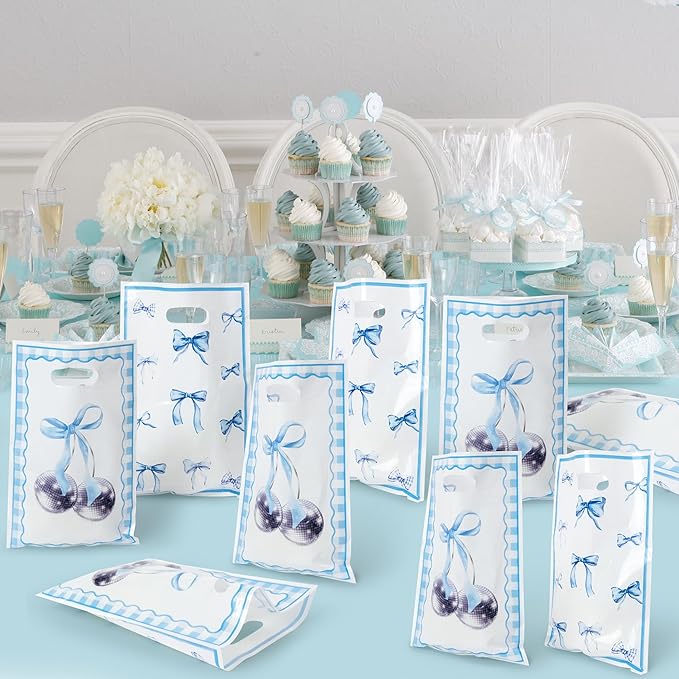 Blue Bow Party Favor Bags - 50Pcs Coquette Bow Knot Themed Goody Candy Treat Gifts Bags, Blue Theme Party Decorations for Kids Girls Women Birthday Wedding Bridal Shower Supplies