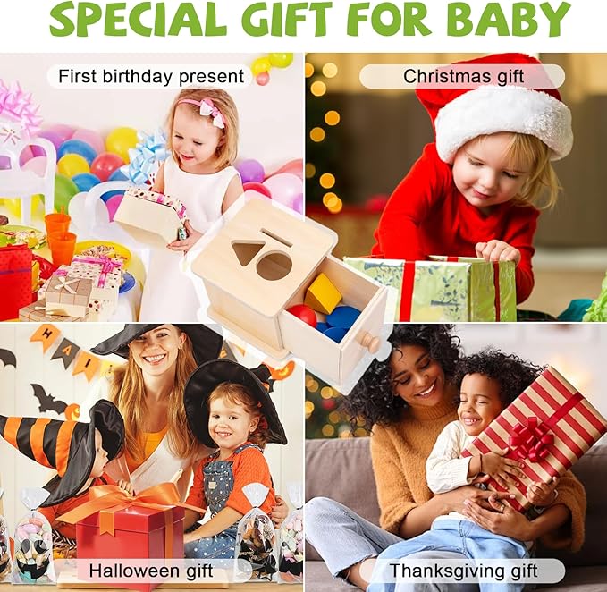 Adena Montessori Coin Box,3 in 1 Object Permanence Box Toys for 1 Year Old Baby Coins,Wooden Montessori Ball Drop Toys Developmental Toys for 6-12 Month Infant Toys,Triangle Ball Round Shapes