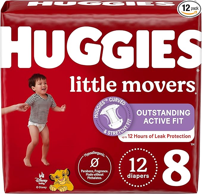 Huggies Size 8 Diapers, Little Movers Baby Diapers, Size 8 (46+ lbs), 12 Ct, Packaging May Vary