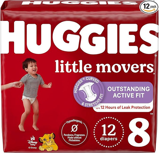 Huggies Size 8 Diapers, Little Movers Baby Diapers, Size 8 (46+ lbs), 12 Ct, Packaging May Vary
