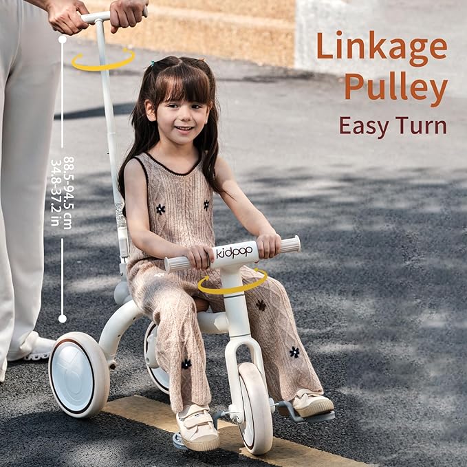 4-in-1 Toddler Tricycle with Adjustable Push Handle for 1-4 Year Old,Birthday Gift and Toy for Boys and Girls Removable Pedals Balance Bike&Scooter (Beige)