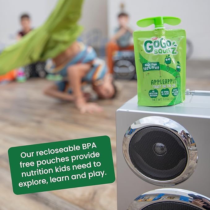 GoGo squeeZ Applesauce and Fruit Puree, Apple Apple, 3.2 oz (Pack of 20), Unsweetened Fruit Snacks for Kids, Gluten Free, Nut Free and Dairy Free, Recloseable Cap, BPA Free Pouches