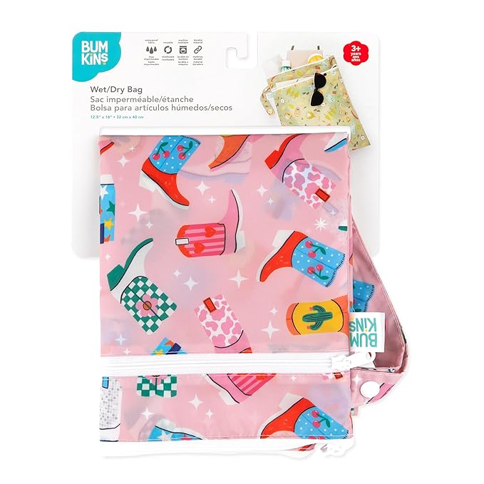 Bumkins Waterproof Wet Dry Bag for Baby, Travel, Swim Suit, Cloth Diaper, Pump Parts, Pool, Beach, Gym Clothes, Toiletry, Hook to Stroller, Daycare, Zipper Reusable Wetdry Packing Pouch, Cowgirl Boots