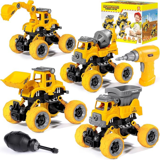 LUDILO 4PCS Take Apart Toys for 4 Year Old Boys Construction Toys with Electric Drill DIY Assembly Building Stem Toys Trucks Gifts for 3 4 5 6 7 8 Year Old Boys Girls Kids Learning Educational Toys