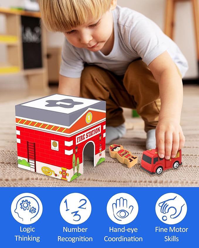Coogam Montessori Sorting & Stacking Blocks with Nesting Garages Cars, Stackable Number Boxes for Toddlers Learning Community Helpers, Preschool Educational Toy Gift for 2 3 4 Year Old Baby