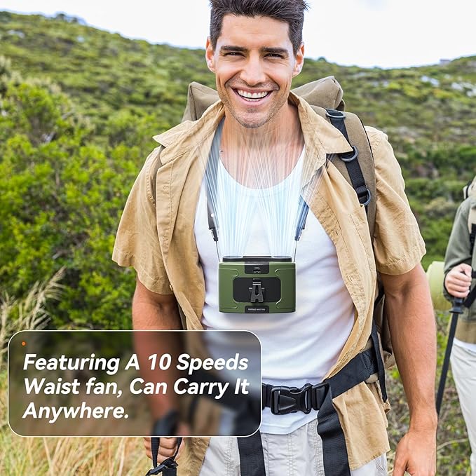 10000mAh Personal Waist Fan, USB Rechargeable Clip The Waist For Working,10 Speed & 40H Cooling and Heatstroke Prevention For Outdoor Travel Camping (K60-green, 12000mAh)