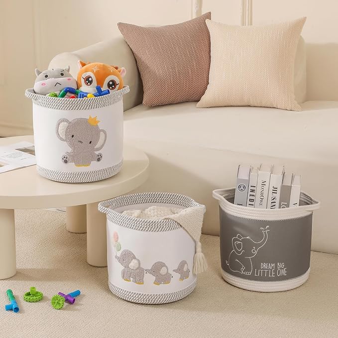 Baby Toy Basket Laundry Hamper Blanket Baskets Cute Elephant Nursery Storage Basket, Woven Cotton Rope Nursery Organization Bins For Girls Boys Kids Baby Shower Gifts Baskets