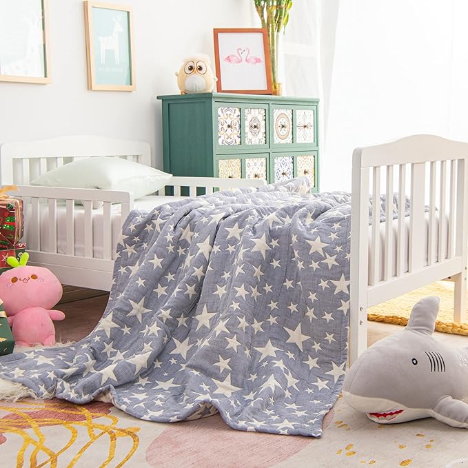 NTBAY 3 Layer Oversized Muslin Cotton Toddler Blanket, 45x60 Inches Jacquard Reversible Nursery Bed Blanket, Super Soft and Thermal Crib Blanket for All Seasons, Baby Gift, 45"x60", Blue/White Star