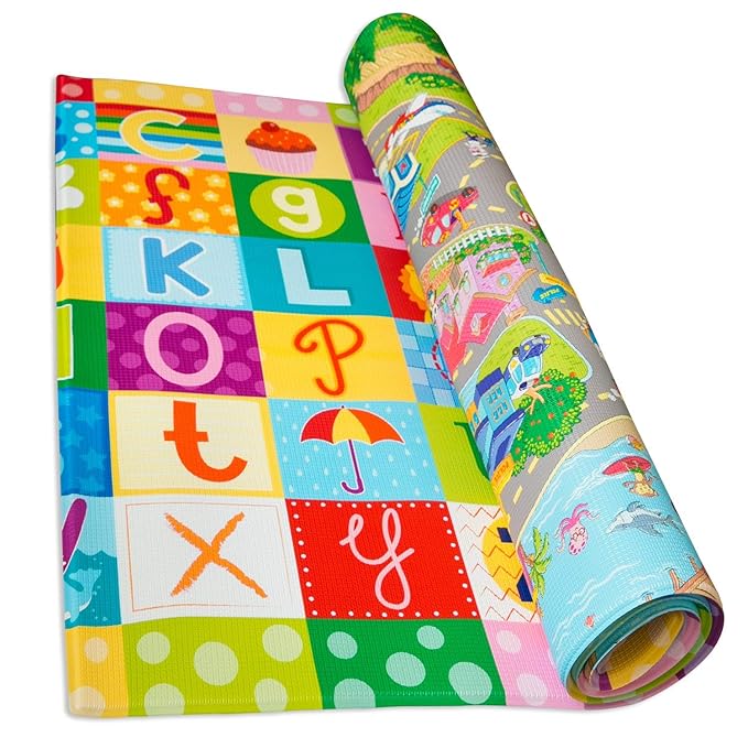 Baby Care Play Mat (Medium, Playful - Zoo Town) 73’’ x 49’’ Original One-Piece Reversible Rollable Waterproof Play Mat for Infants, Babies, Toddler, and Kids