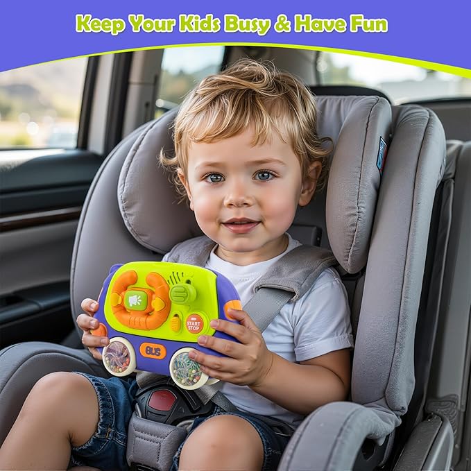 Ayyomo 3 in 1 Montessori Toys Bus, Light Up Baby Musical Toys for Toddlers 1-3 Year Old, Road Trip Busy Board for Car Seat Travel Essential, 2 Bell Wheel Sensory Toys, Birthday Gift for Boy Girl Kid