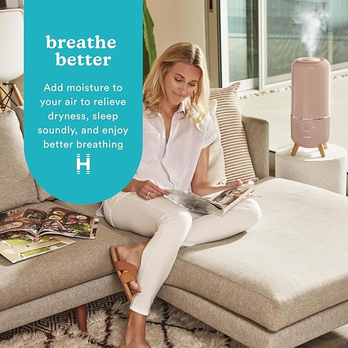 Homedics Ultrasonic Humidifier, Bedrooms and Home Offices, 0.97-Gallon Tank, 45-Hour Runtime, Visible Ultra-Quiet Cool Mist, Aromatherapy, Demineralization Cartridge, Night-Light, Auto-Off, Taupe