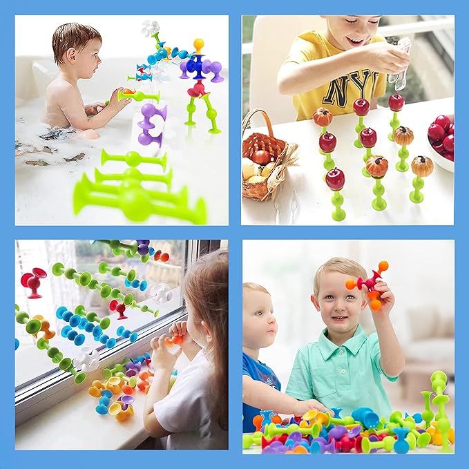 48 Piece Suction Cup Toys Construction Set - Silicone Building Blocks DIY Fun Bath Toys for Kids Ages 1-3, travel essentials for toddlers 1-3, Darts Sucker Toy with Toddler Road Trip Essentials