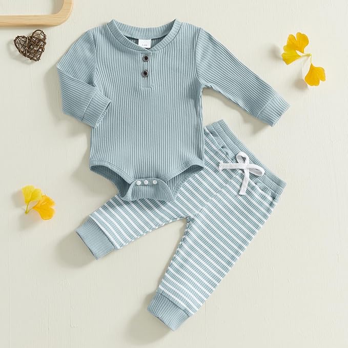 Newborn Baby Boy Girl Clothes Ribbed Knitted Long Sleeve Romper Pants Solid Cotton Infant Fall Winter Outfits 2Pcs