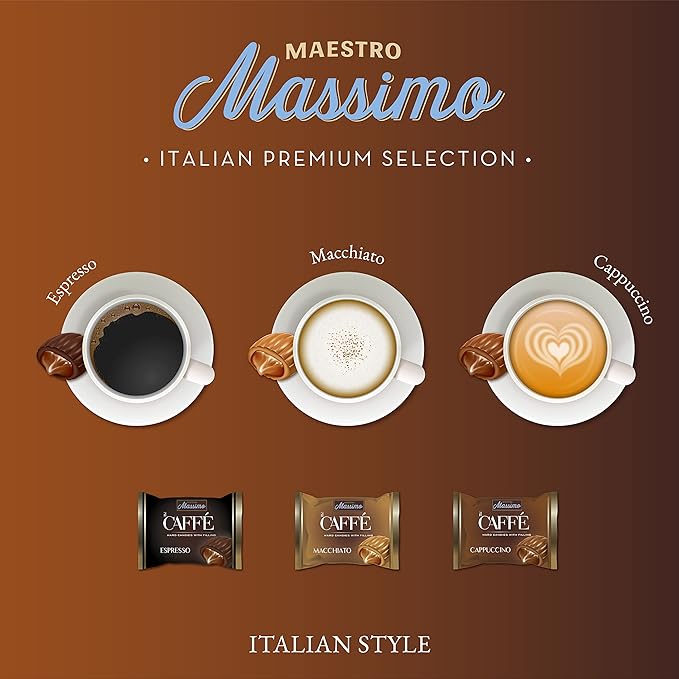Maestro Massimo Center Filled Hard Pocket Coffee Candy, 3mg Caffeine per Candy, Individually Wrapped, Macchiato, Espresso, Cappuccino Flavored, 7.05 oz Bag - Variety Pack of 12