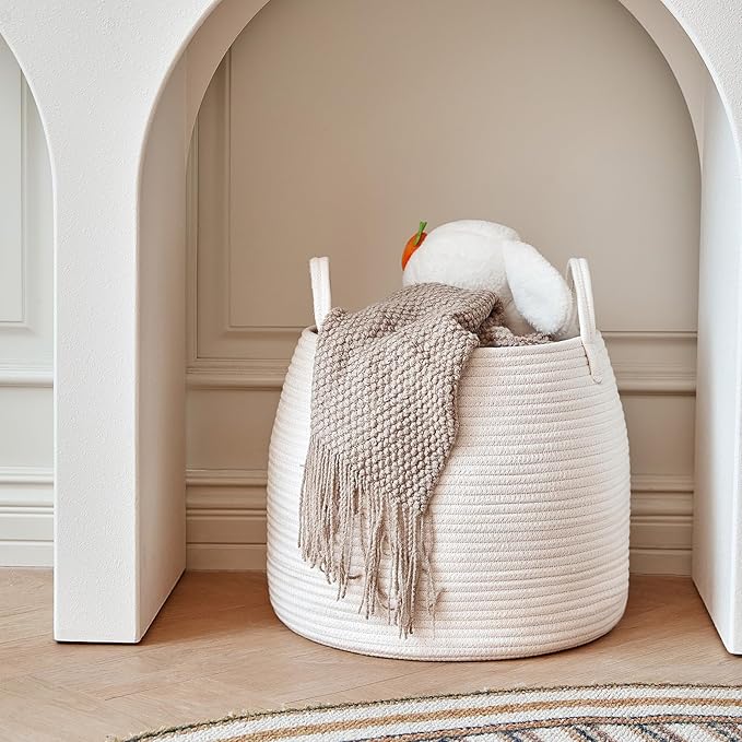 Nursery Laundry Basket | Kids Hamper for Blankets, Pillows,Toys (15"x 13")| Baby Toy Basket | Nursery Storage for Boho Room Decor | Ideal Gift for Baby Showers| White