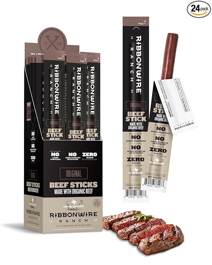 Ribbonwire Ranch Beef Sticks, Made with Organic Beef, Pasture Raised, High Protein Snack, Healthy, Low Carb, Keto Friendly, Gluten Free, Nitrate Free, On the Go, 1 Oz Sticks, Original Flavor, 24 Pack