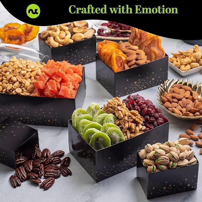 NUT CRAVINGS Gourmet Collection - Sympathy Condolence, Nuts & Dried Fruits Tower Gift Basket, with Sympathy Ribbon + Greeting Card (12 Assortments) Food Arrangement, Healthy Snack, Food Assortments