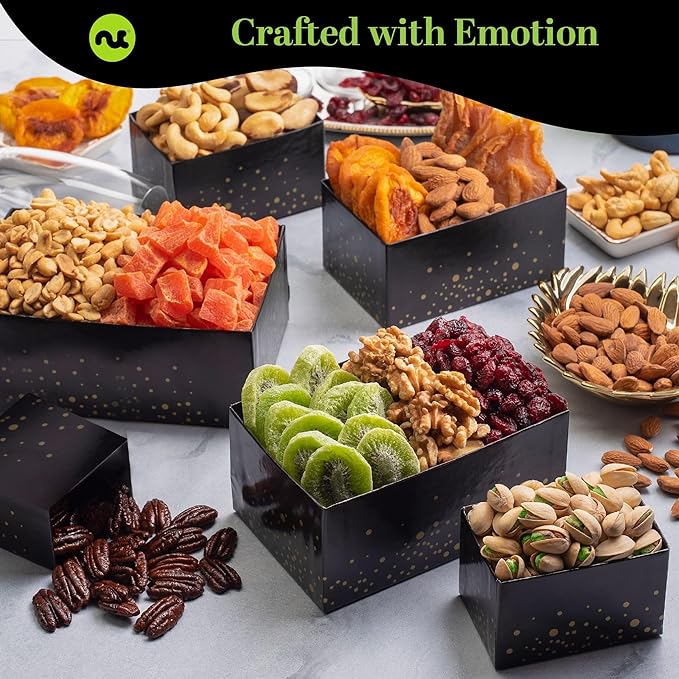 NUT CRAVINGS - Dried Fruit & Mixed Nuts Gift Basket in Black Tower + Ribbon (12 Assortments) Food Arrangement, Healthy Snack Care Package, Food Assortments