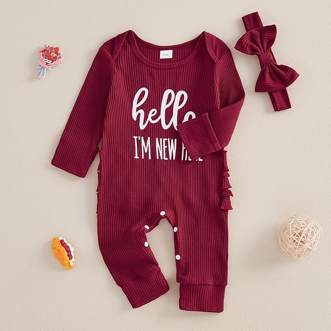 Newborn Baby Girls Rompers Knit Round Neck Long Sleeve Infant Fall Jumpsuits with Headband Coming Home Outfit