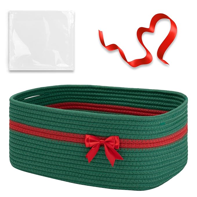 OIAHOMY Christmas Basket with Gift Bags and Ribbons, Woven Storage Basket for Decorations, Nursery, Pets - Green