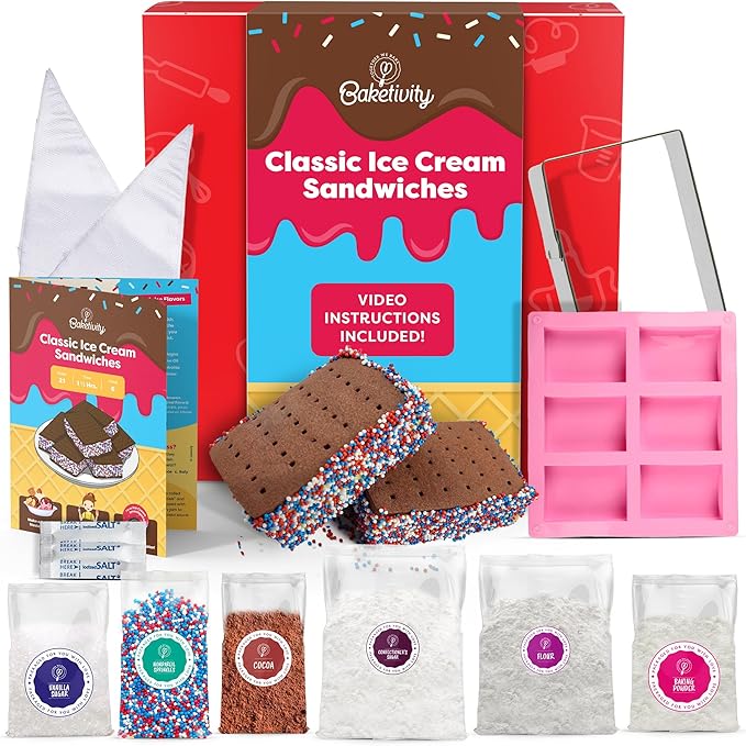 Baketivity Classic Ice Cream Sandwiches Kids Baking Kit - Cooking Kit for Kids with Premeasured Ingredients STEM Recipe Book and Lessons - Great Gift for Girls and Boys Ages 6-12