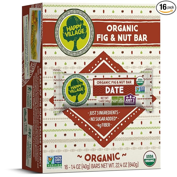 Happy Village Organic Fig & Nut Bars, DATE | Only 3 Ingredients, Gluten Free, No Added Sugar, Kosher, Non-GMO, Vegan, Good Source of Fiber | Organic Healthy Snack Bars (16 bars, 1.4 OZ each)