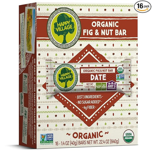 Happy Village Organic Fig & Nut Bars, DATE | Only 3 Ingredients, Gluten Free, No Added Sugar, Kosher, Non-GMO, Vegan, Good Source of Fiber | Organic Healthy Snack Bars (16 bars, 1.4 OZ each)