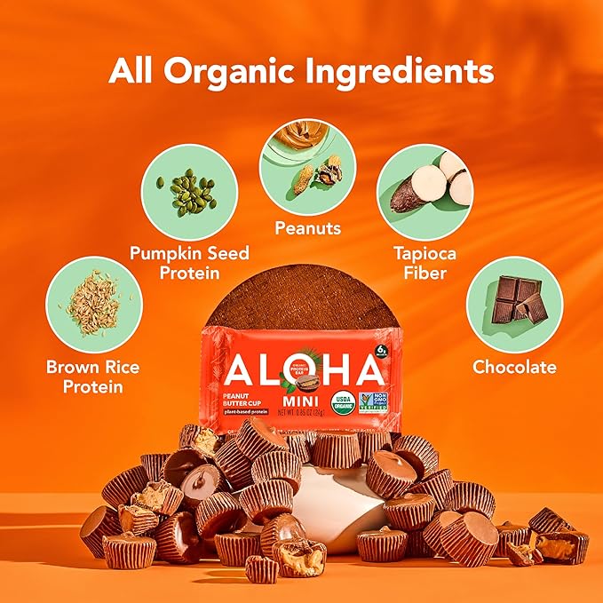 ALOHA Organic Plant Based Protein Bar MINIS |Peanut Butter Cup | 20 Count, 24g Bars | Vegan, Low Sugar, Gluten Free, Low Carb, Non-GMO, Stevia Free, Soy Free, No Sugar Alcohols