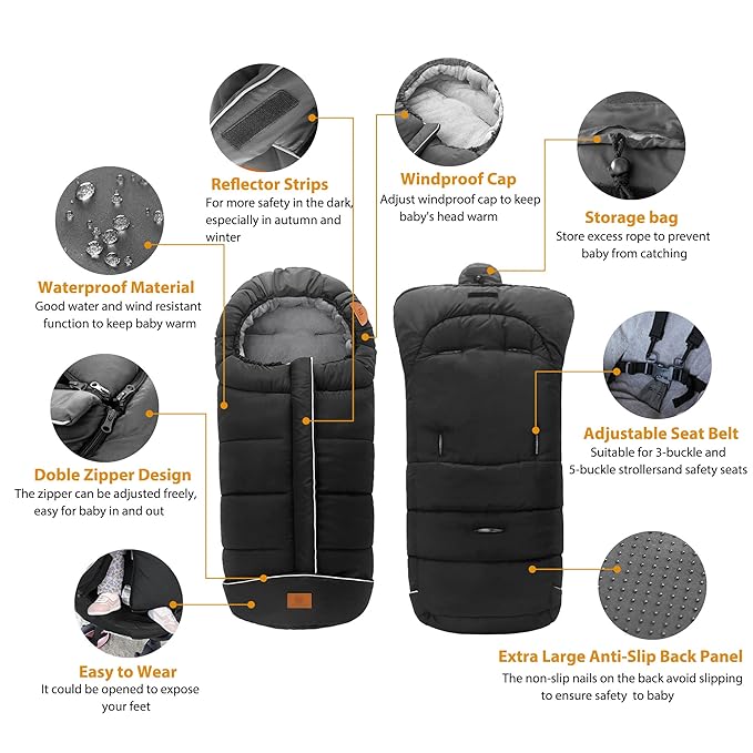 LAT Baby Warm Bunting Bag Universal,Stroller Sleeping Bag Cold Weather,Waterproof Toddler Footmuff(Basic,Black)