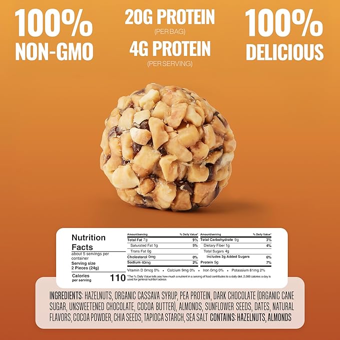 The GFB Dark Chocolate Hazelnut Protein Bites - Gluten Free, Plant Based, Non GMO, Sustainably Made – Ridiculously Tasty, Healthy, Vegan, Protein Energy Balls, 4 oz (6 Count)