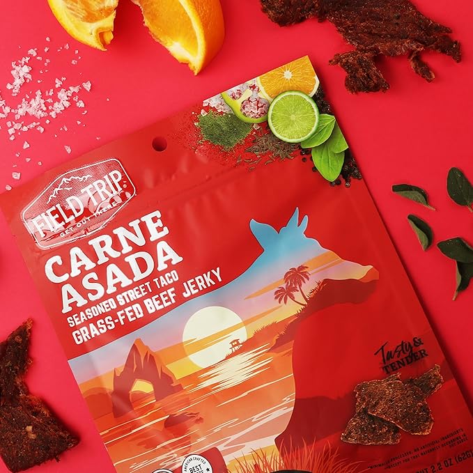 Field Trip Grass Fed Beef Jerky, Healthy Gluten Free Snacks, All Natural, Paleo-Friendly Beef Jerky, High Protein, Low Carb Snack with No Nitrates, 1oz Bag, 12 Pack, Carne Asada