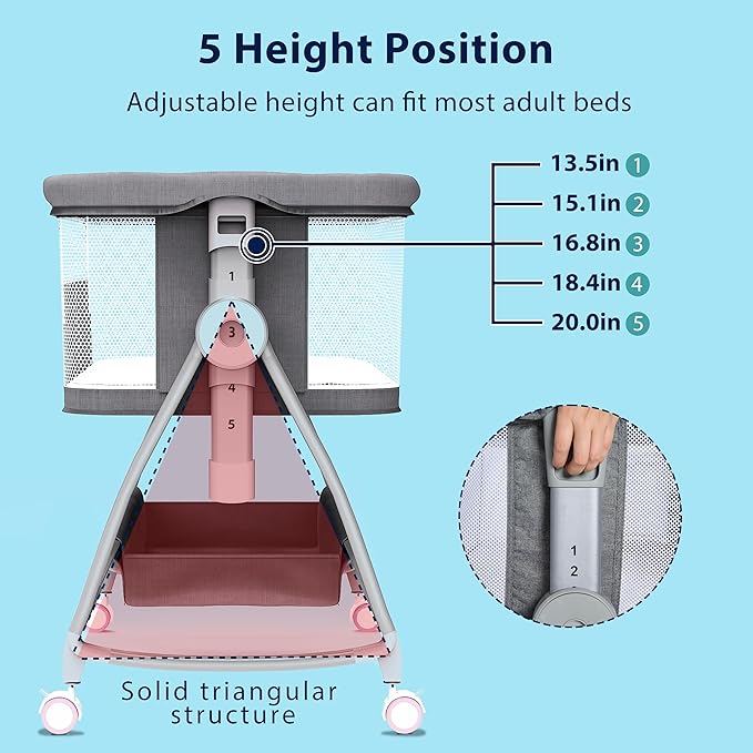 3 in 1 Baby Bassinet Bedside Sleeper with Mattress and Wheels, 5 Height Adjustable Bed Side Bassinets for Newborn, Gray Rocking Bassinet for Baby