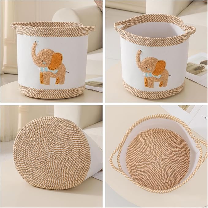 Baby Toy Basket Blanket Baskets Laundry Hamper Cute Elephant Nursery Organization Bins with Handle, Woven Cotton Rope Nursery Storage Basket For Girls Boys Kids Baby Shower Gifts Baskets