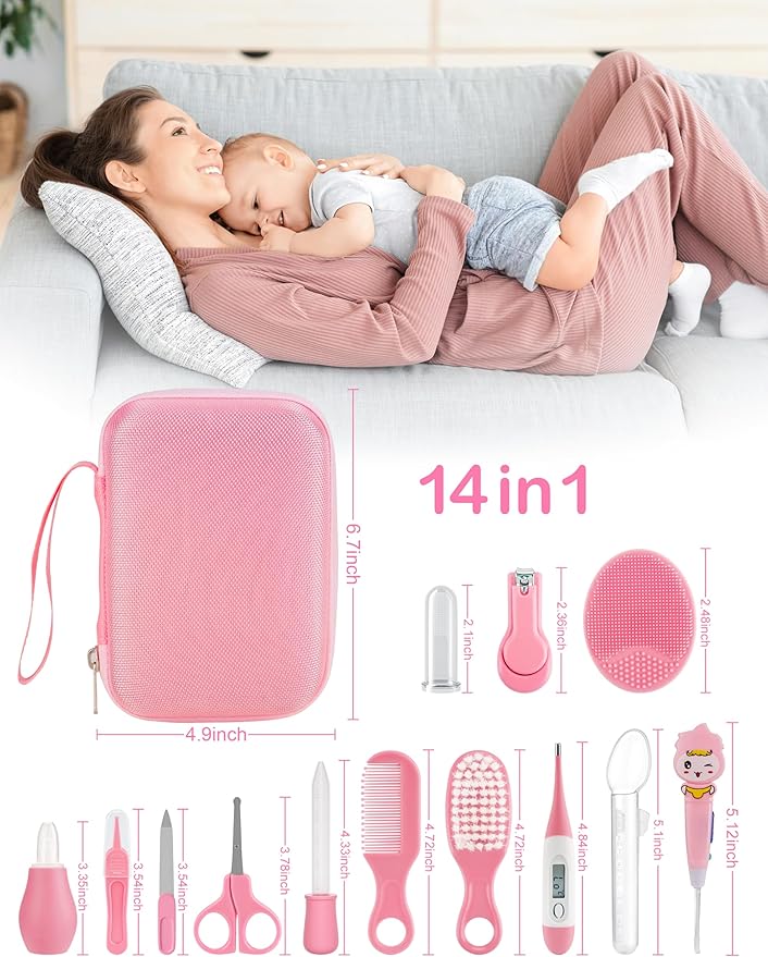 OTTOLIVES Baby Healthcare and Grooming Kit, 15 in 1 Baby Shower Gifts with Nail File, Hair Brush Comb, Toothbrush, Nasal Aspirator, Baby Essentials Kit for Newborn Infant Girls Boys (Pink)