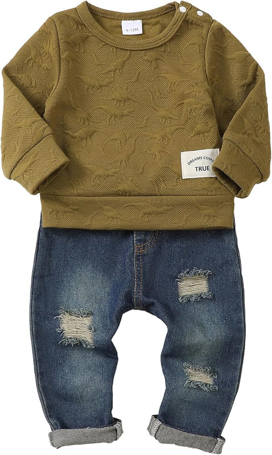 NZRVAWS Toddler Baby Boy Clothes Pullover Sweater Ripped Jean Sweatsuit Little Boy Outfit Fall Winter Clothing Set 6M-7T