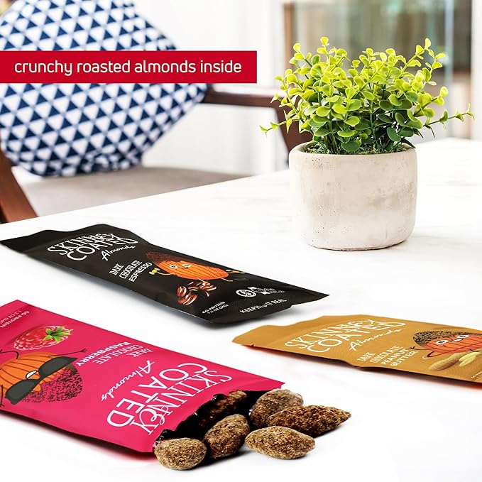 Skinny Coated Almonds Chocolate Snacks Multiple Flavors - Lemon, Dark Chocolate Peanut Butter, Raspberry, Peppermint, Chocolate Espresso Sweet Snacks - Gluten Free & Kosher, 1.2Oz Bag, 6g of Protein.