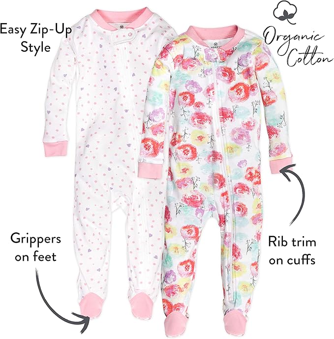 HonestBaby 2-Pack Non-Slip Footed Pajamas One-Piece Sleeper Jumpsuit Zip-Front Pjs 100% Organic Cotton for Baby Girls