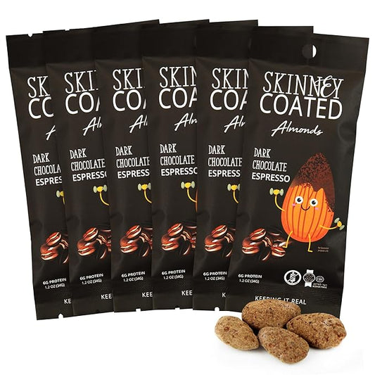 Skinny Coated Dark Chocolate Espresso Snacks, Chocolate Flavored Almonds Healthy in Bulk - Skinny Almonds, Kosher, Gluten Free Sweet Snacks for Adults, 1.2Oz p/Bag, 6 Pack