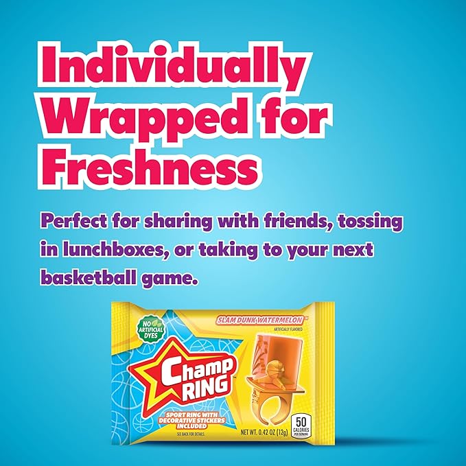 Champ Ring Basketball, Slam Dunk Watermelon - Sweet Watermelon Flavored Candy Rings - Individually Wrapped - No Artificial Colors or Dyes - Perfect for Parties, Events & Snacks - Bulk Pack of 50