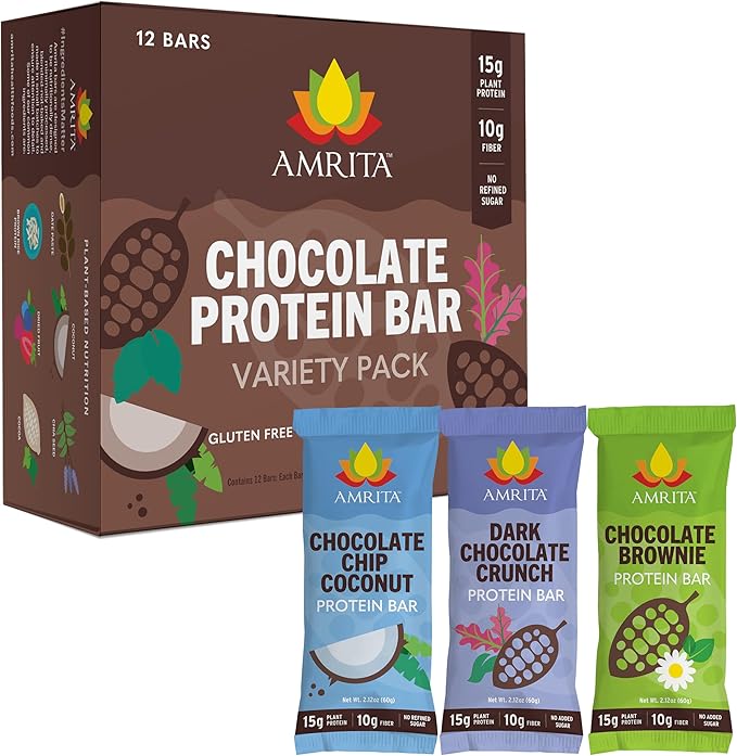 Amrita Nut Free Vegan Protein Bars (12 CT) | Chocolate Variety Pack 15g Plant-Based Protein Bar | Peanut-Free, Gluten Free, and Dairy-Free | No Added Sugar, High Fiber, Healthy Snacks for Kids/Adults